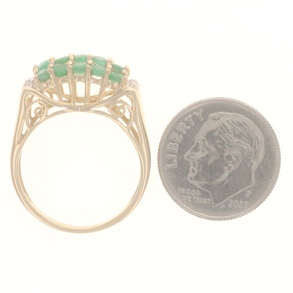 Yellow Gold Emerald & Diamond Cluster Cocktail Ring - 14k Round 1.24ctw - Picture 5 of 6